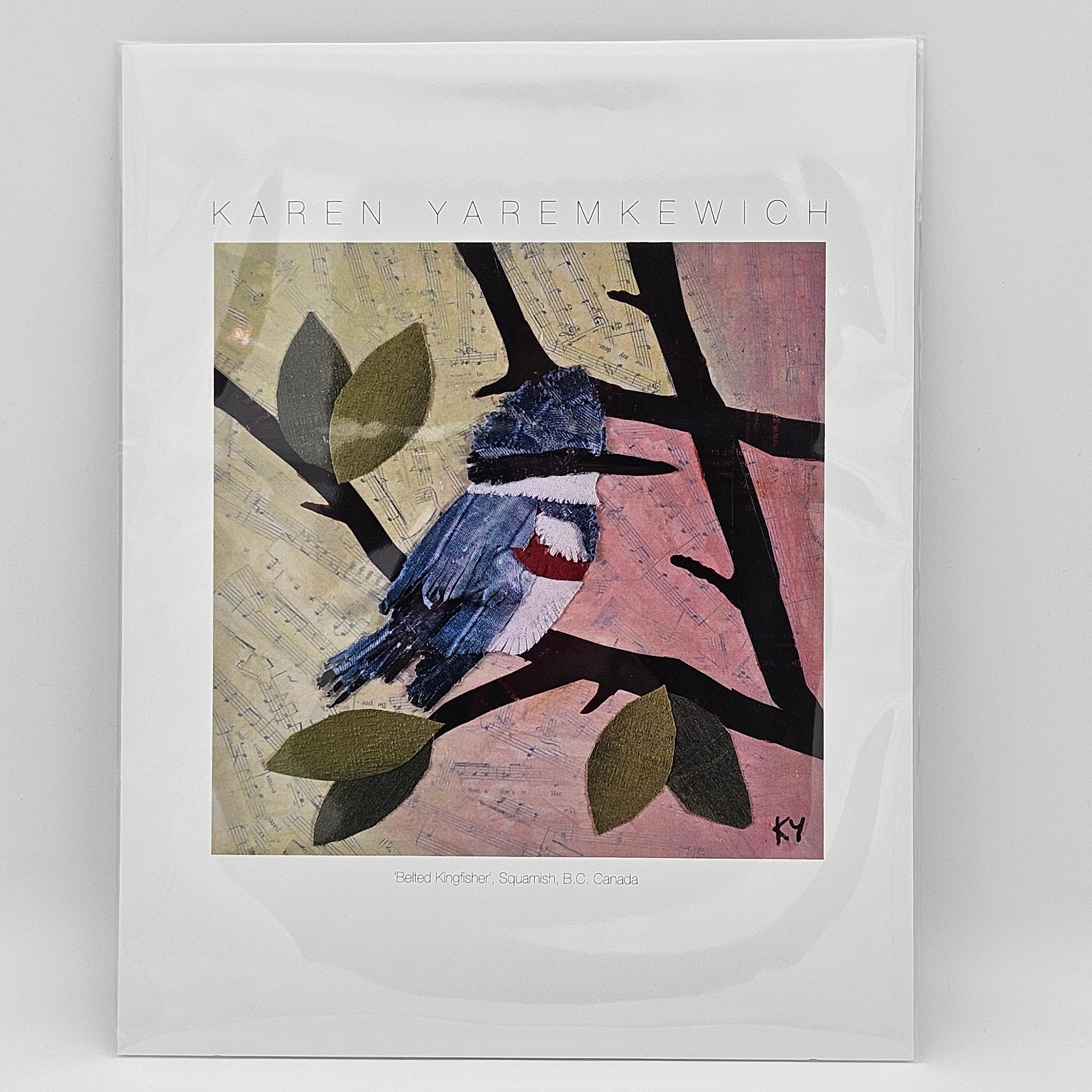 Abstract artwork with a bird on a branch against a pink background