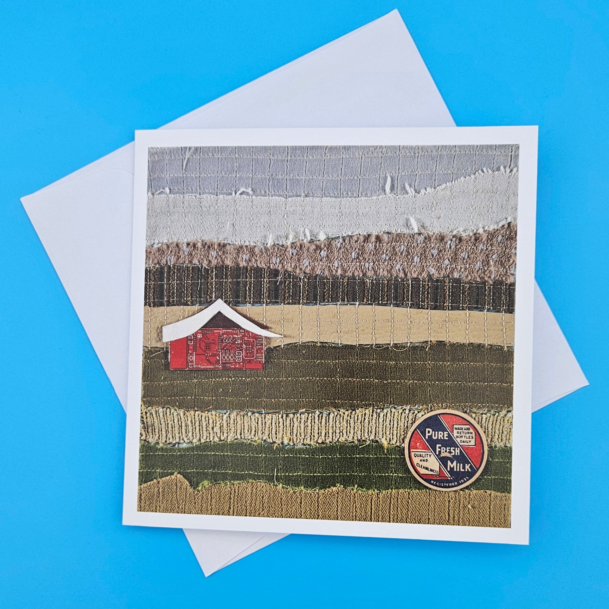 Greeting card with textured design with a barn