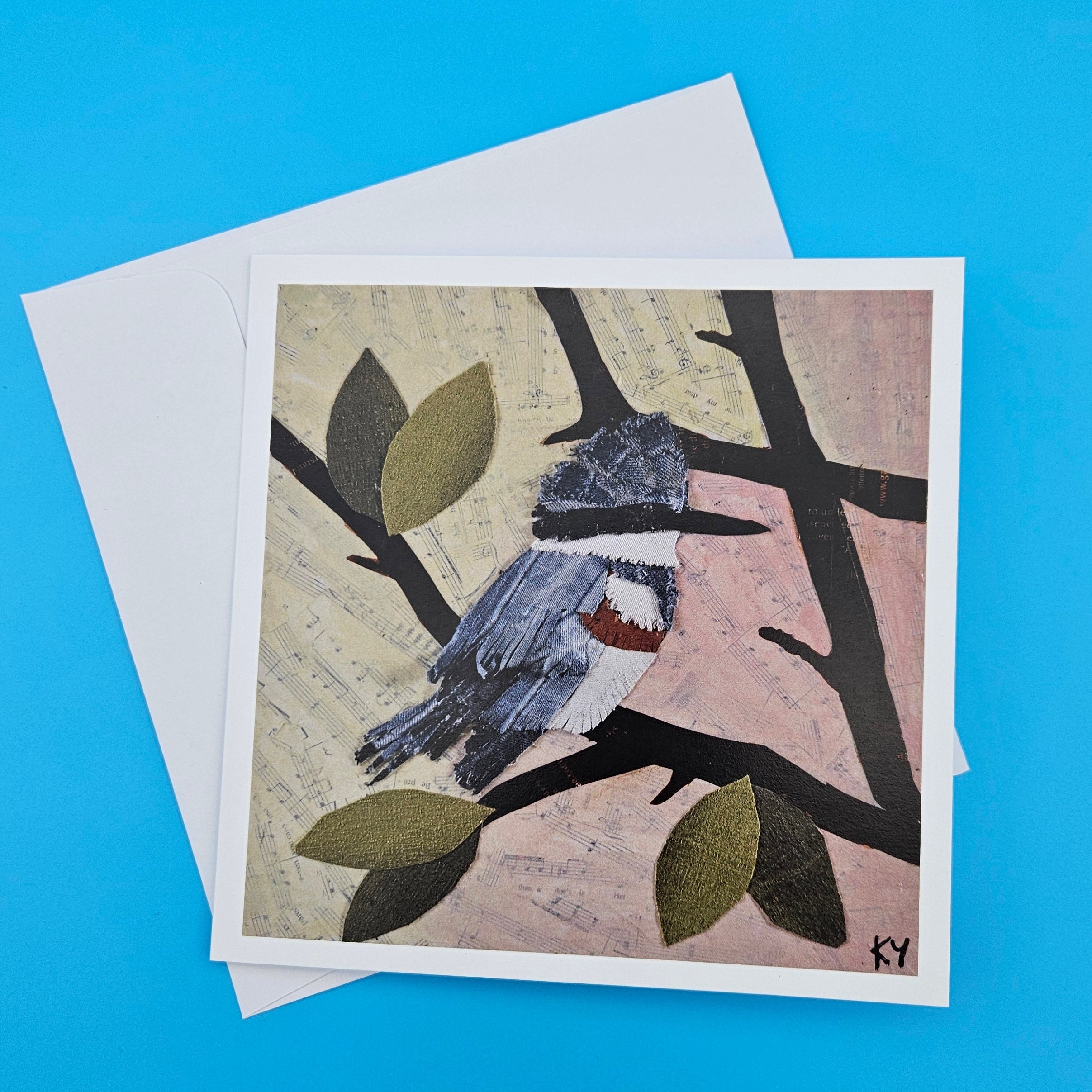 Greeting card with a bird illustration on a blue background
