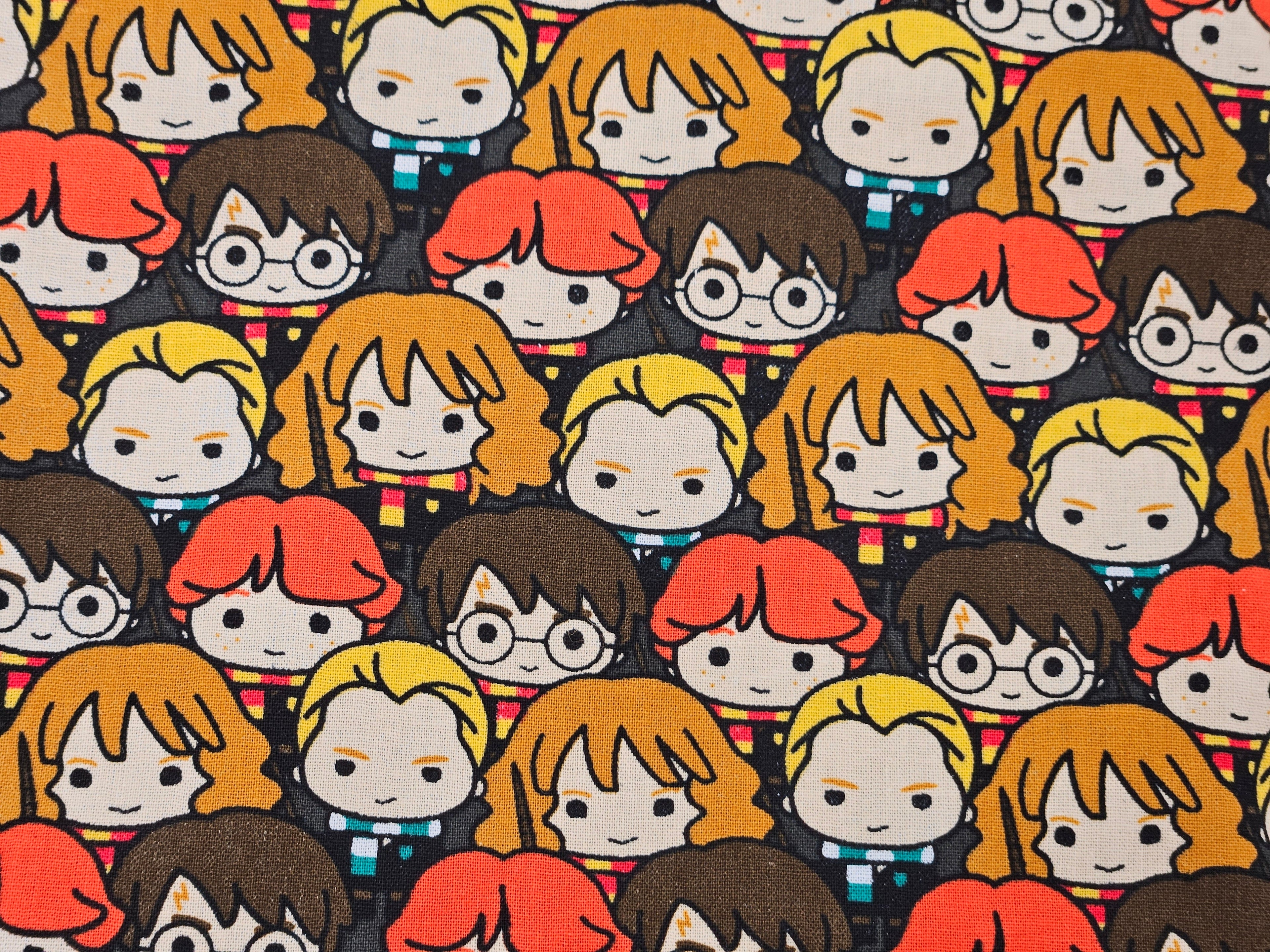 Pattern of Harry Potter characters with various colors on a black background