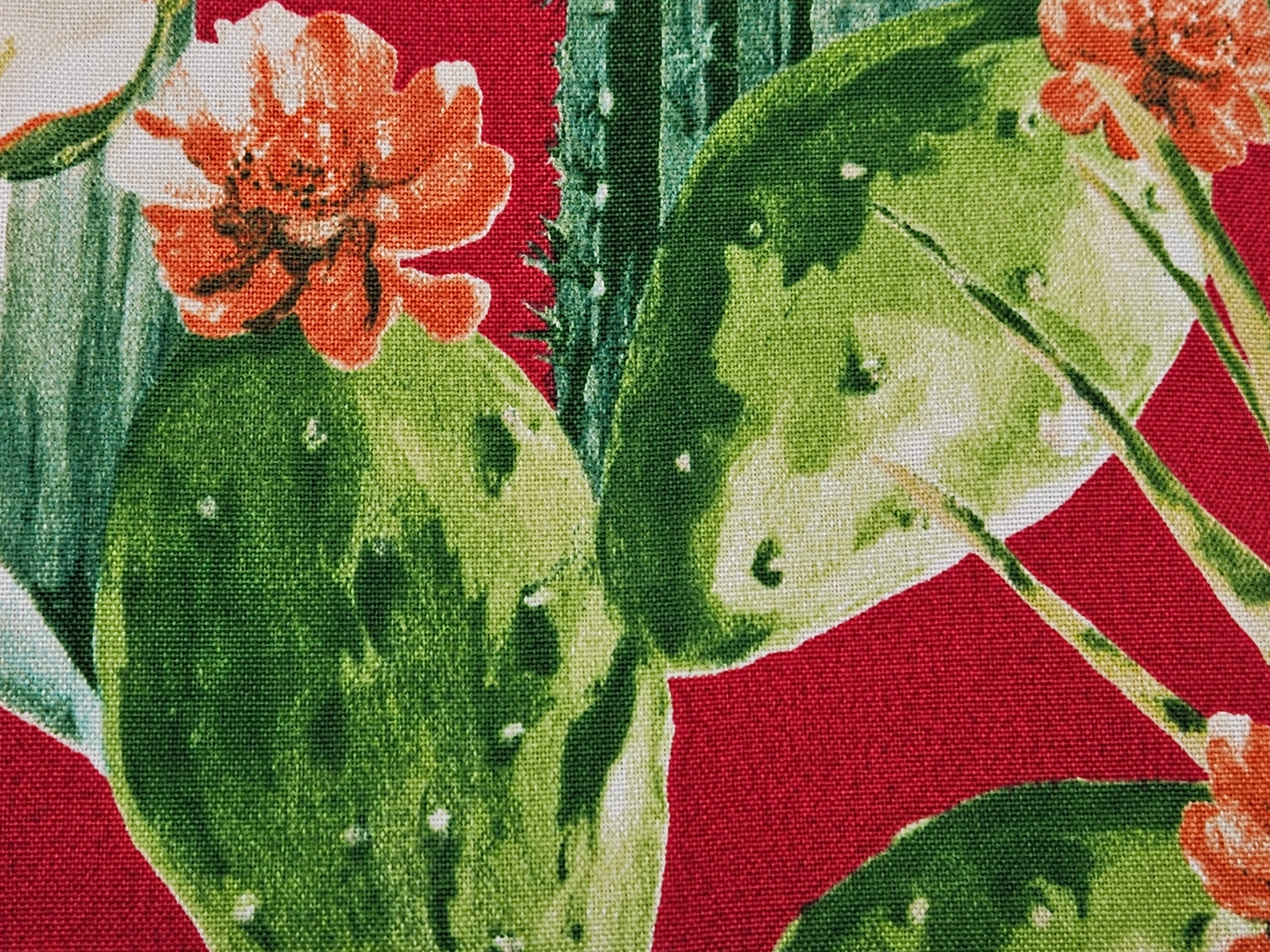 Pattern of cactus and flowers on a red background