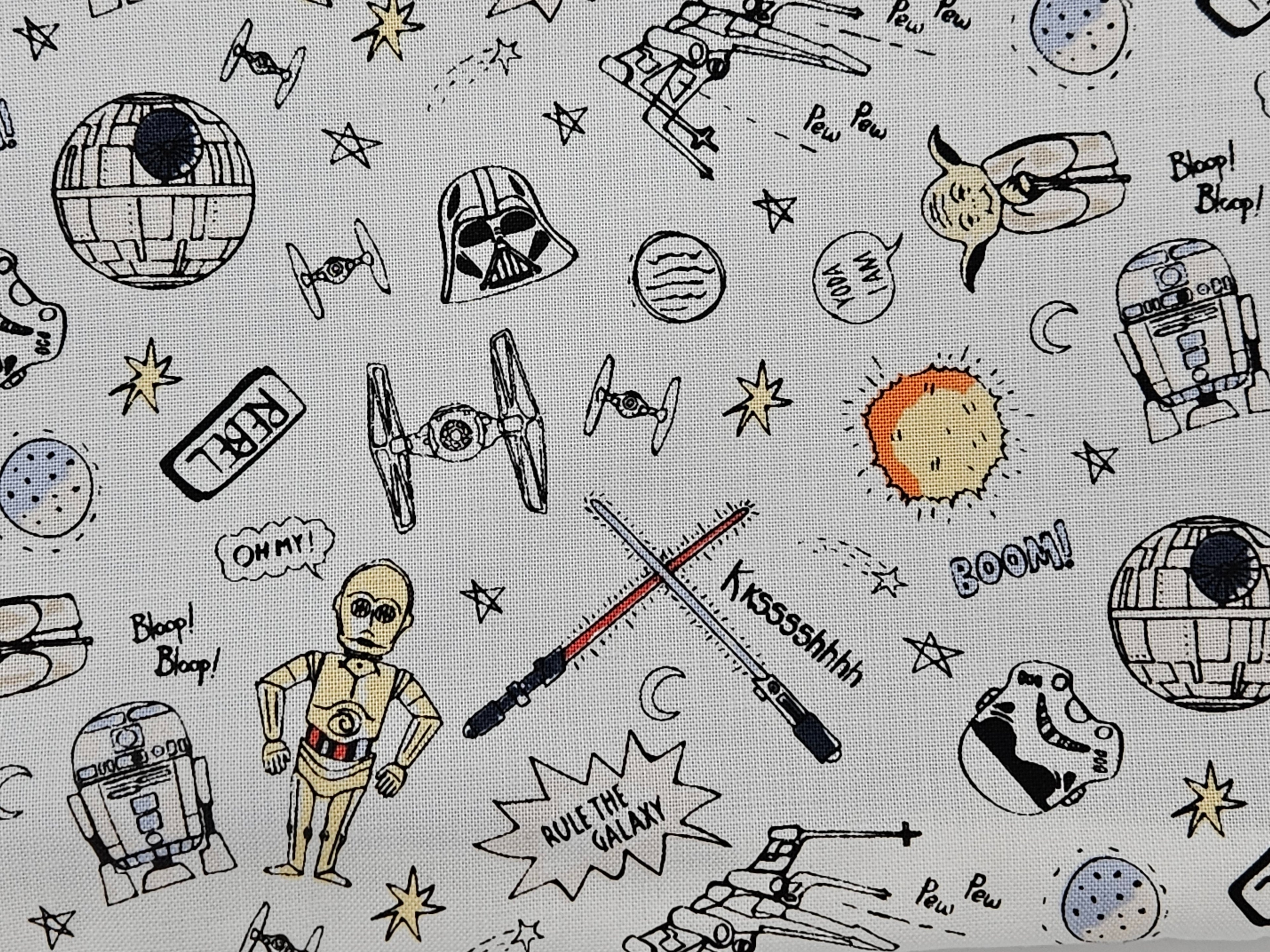 Pattern of Star Wars characters and elements on a light gray background