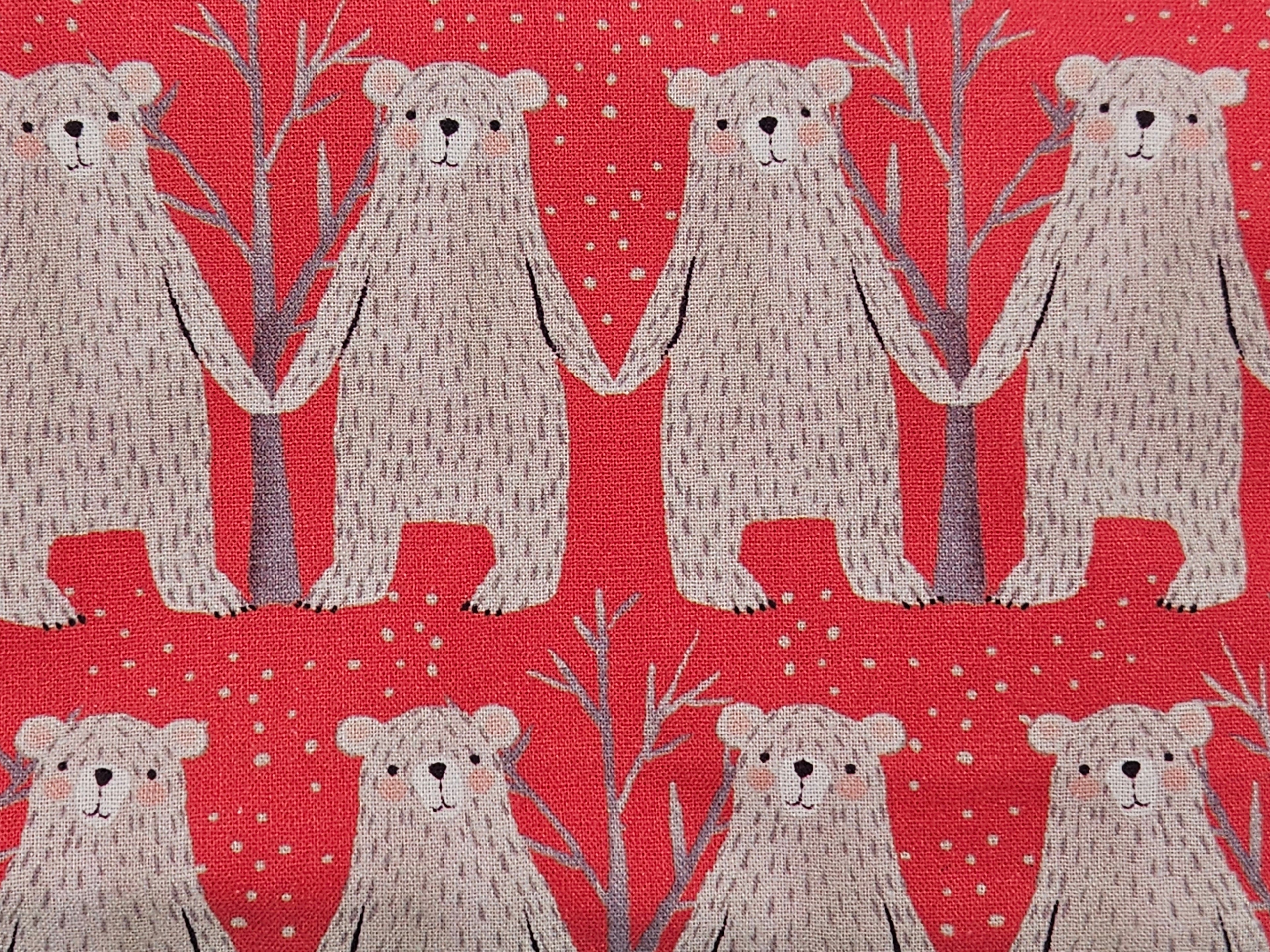 Pattern of bears holding hands on a red background with trees and snowflakes.