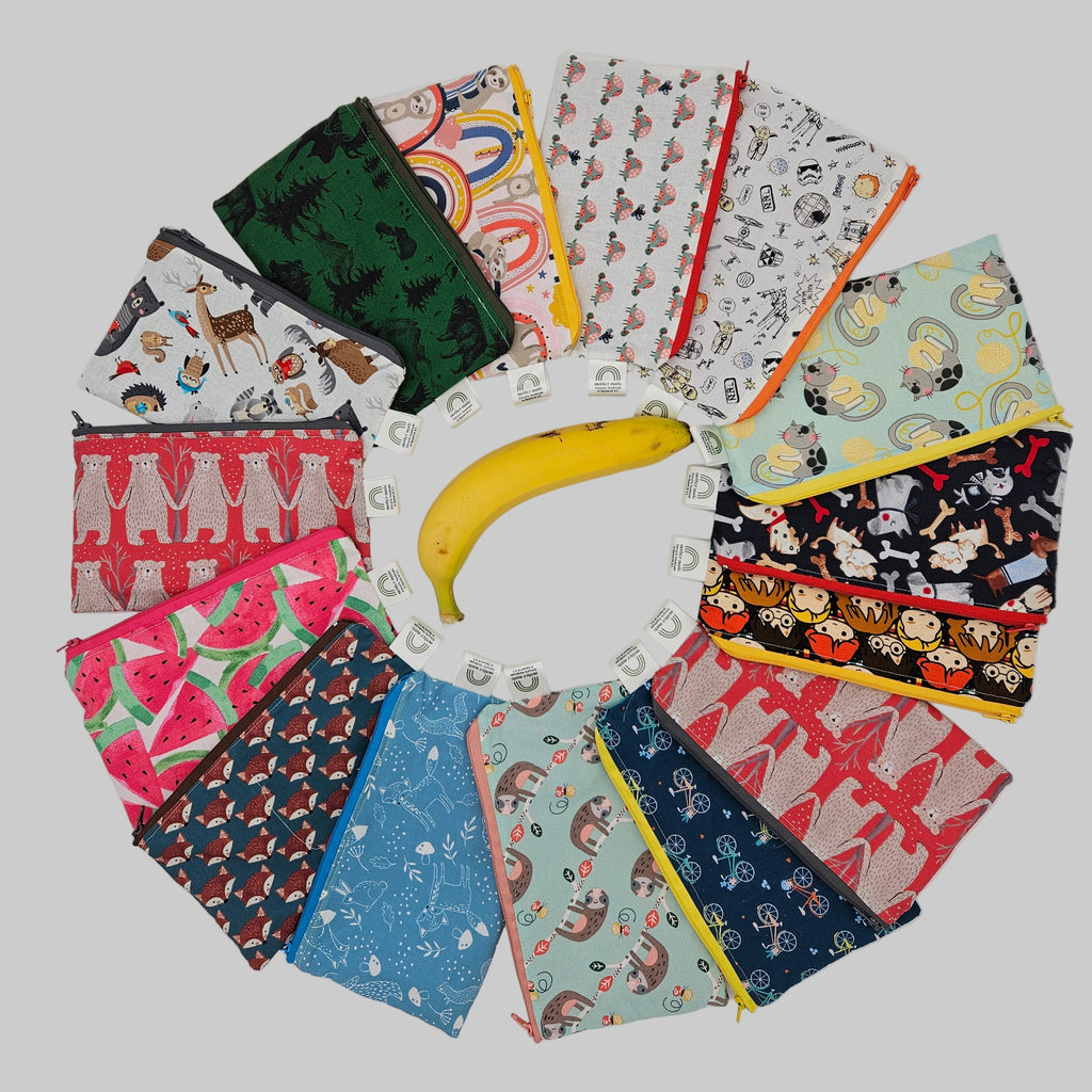 Collection of colorful fabric pouches